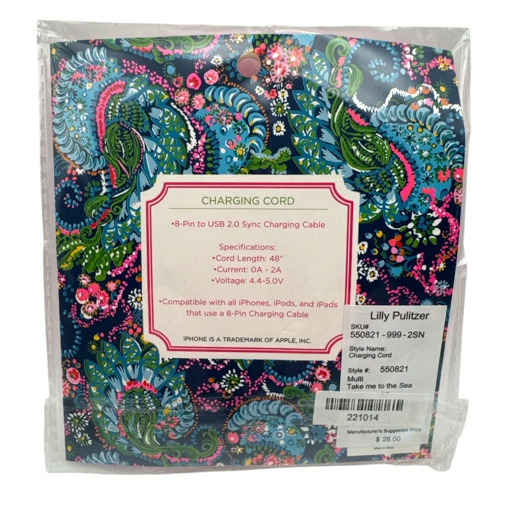 Lilly Pulitzer‎ Phone Charging Cord 4' Take me to the Sea 8 Pin To USB 2.0